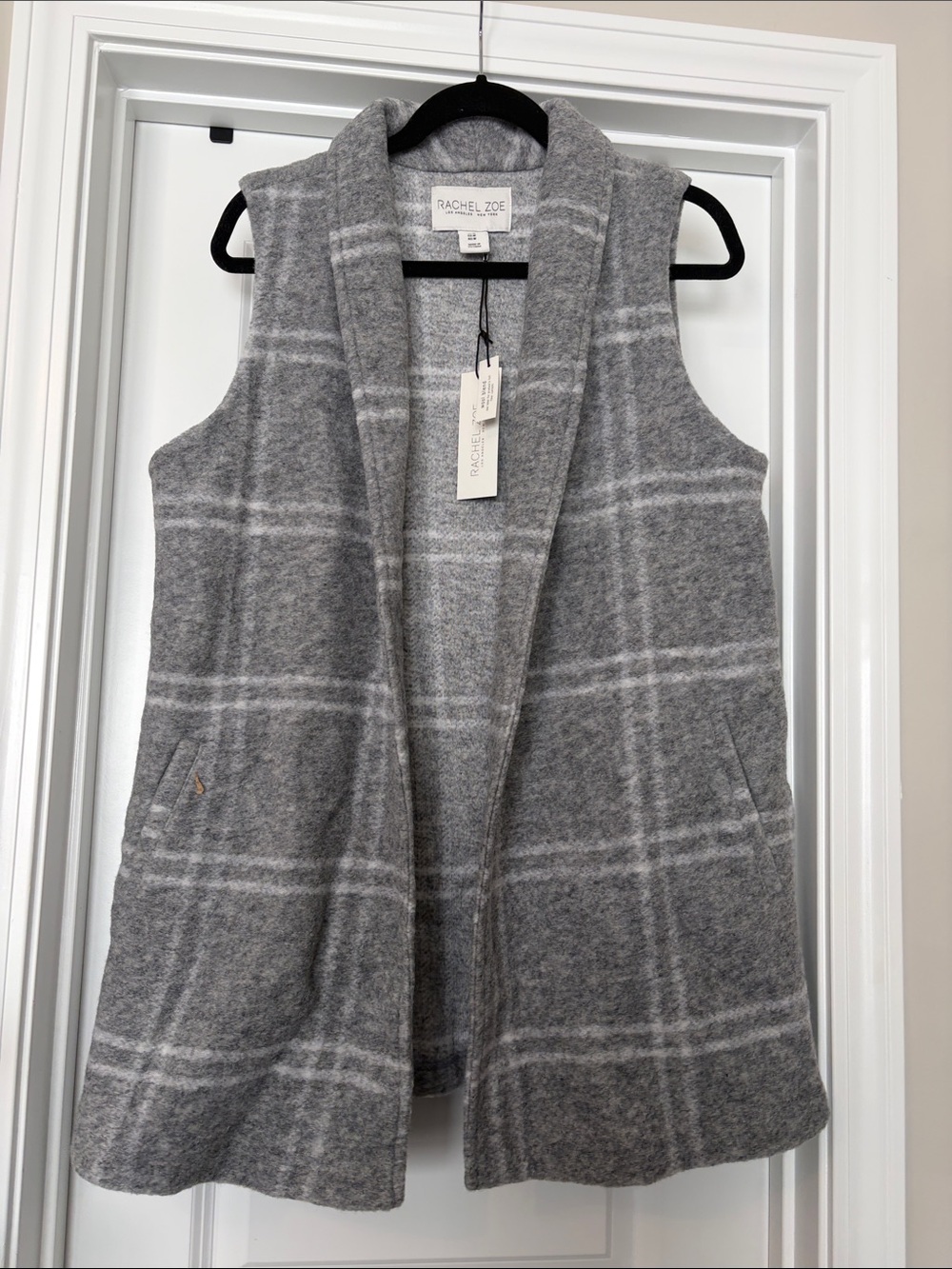 Rachel Zoe Gray Plaid Shawl-Collar Sleeveless Vest